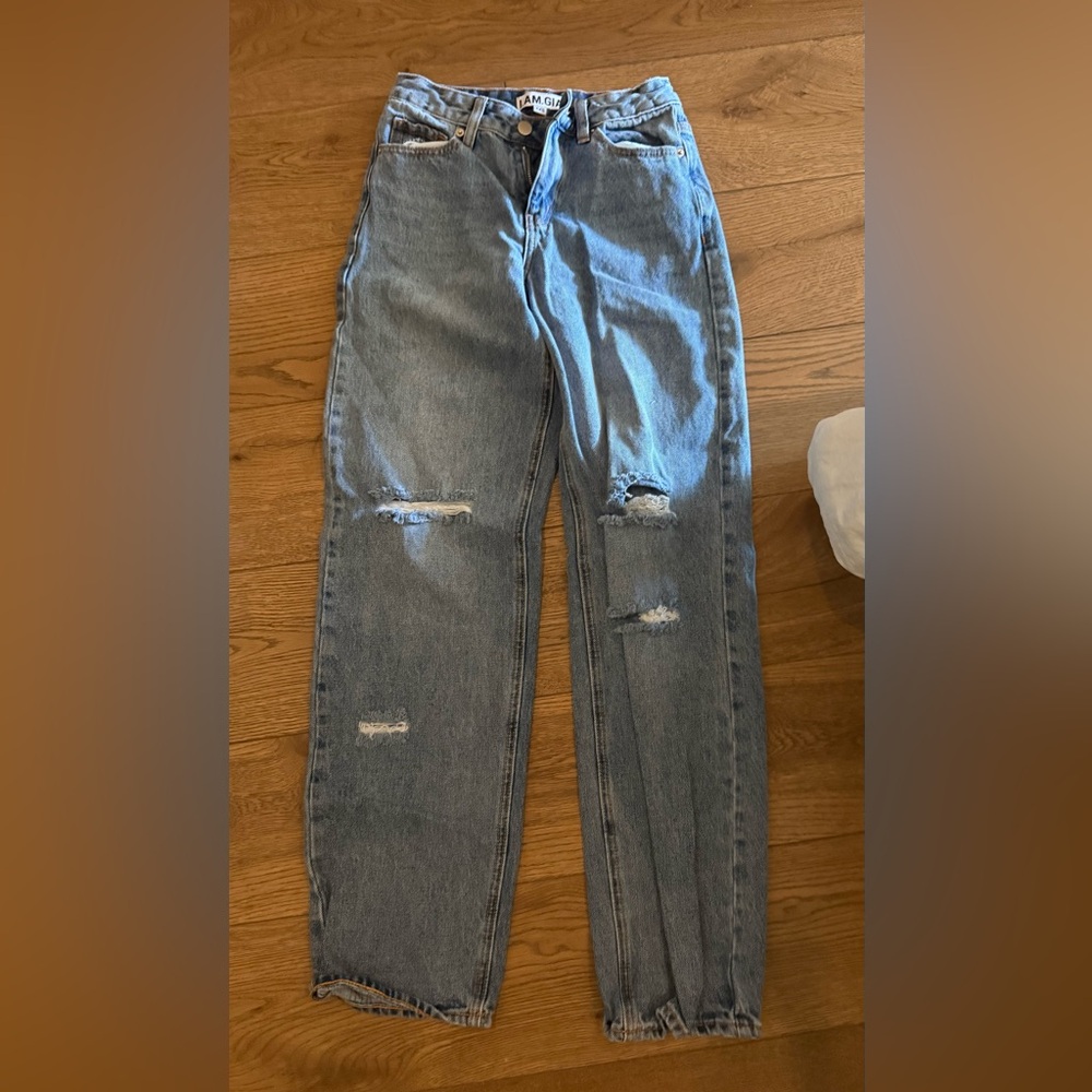 Woman’s I Am Gia Distressed Blue Jeans Mom style with Rips